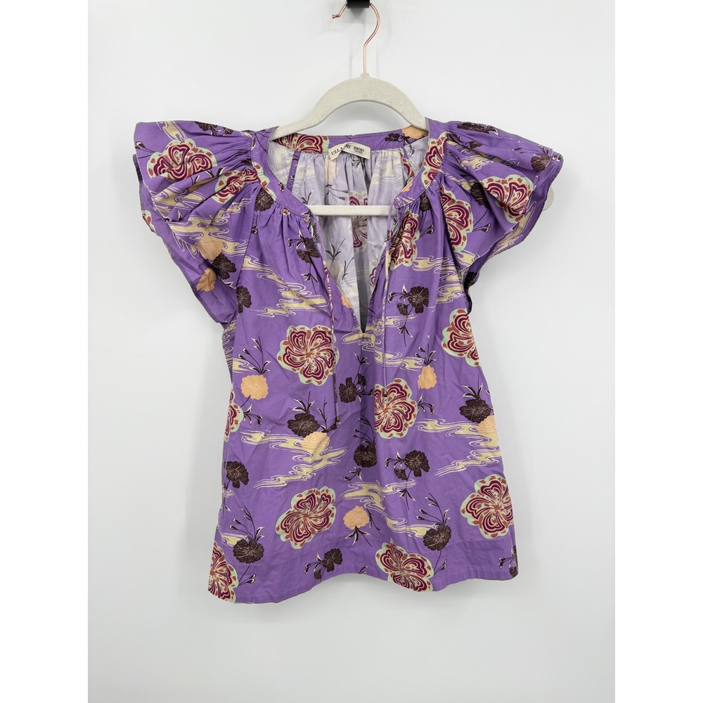 Ulla Johnson Elia top floral zinnia print Ruffle Blouse sz 0 Purple Cotton